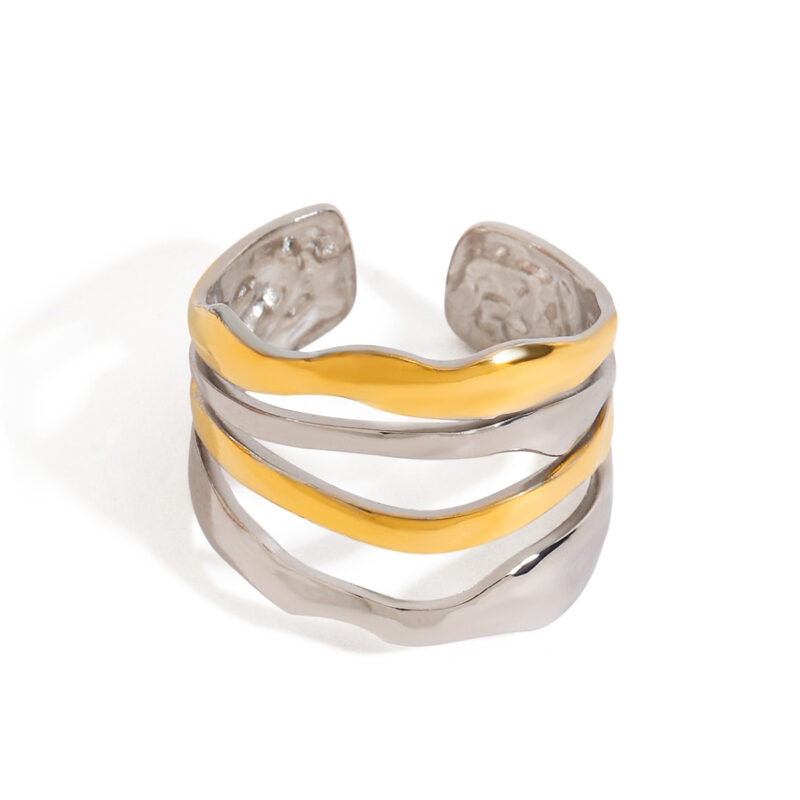Modern Minimalist 18K gold stainless steel Two Tone Multi-Layer Lines Adjustable Open Rings