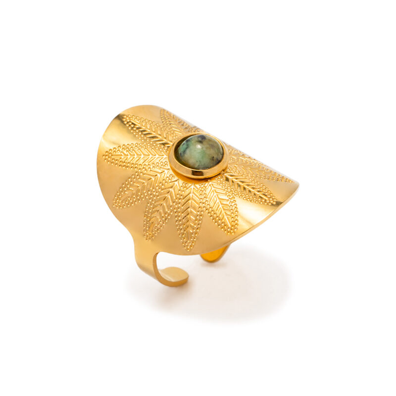 18K Gold Plated Stainless Steel Vintage Open Africa Turquoise Stone Ring Width Rings High-quality for Girls Women