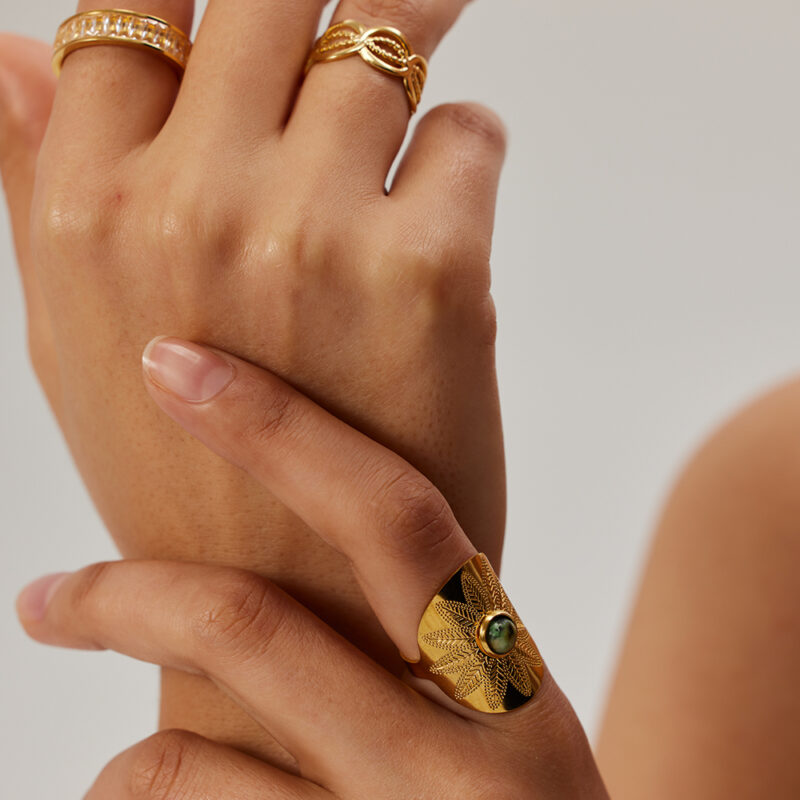 18K Gold Plated Stainless Steel Vintage Open Africa Turquoise Stone Ring Width Rings High-quality for Girls Women - Image 4