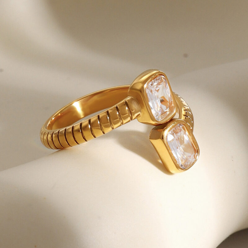 Fashion Luxury 18K Gold Plated Pave Zircon Open Stainless Steel Textured Cubic Zirconia Ring for Women - Image 4