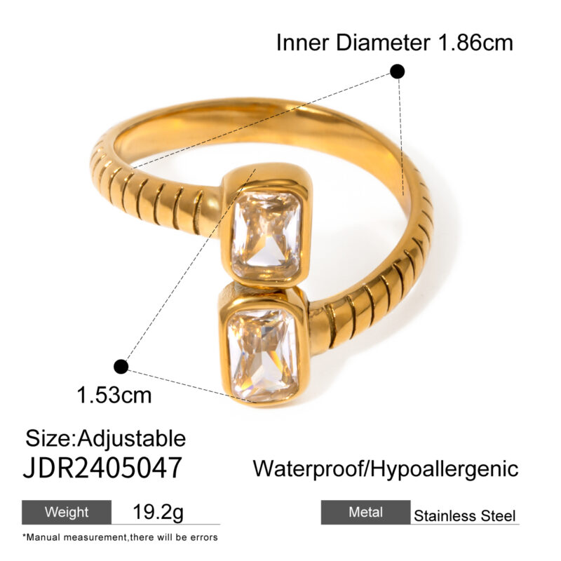 Fashion Luxury 18K Gold Plated Pave Zircon Open Stainless Steel Textured Cubic Zirconia Ring for Women - Image 5