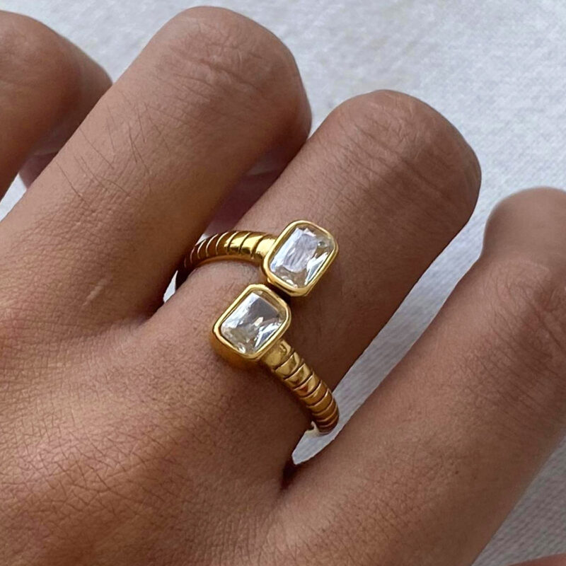 Fashion Luxury 18K Gold Plated Pave Zircon Open Stainless Steel Textured Cubic Zirconia Ring for Women - Image 3