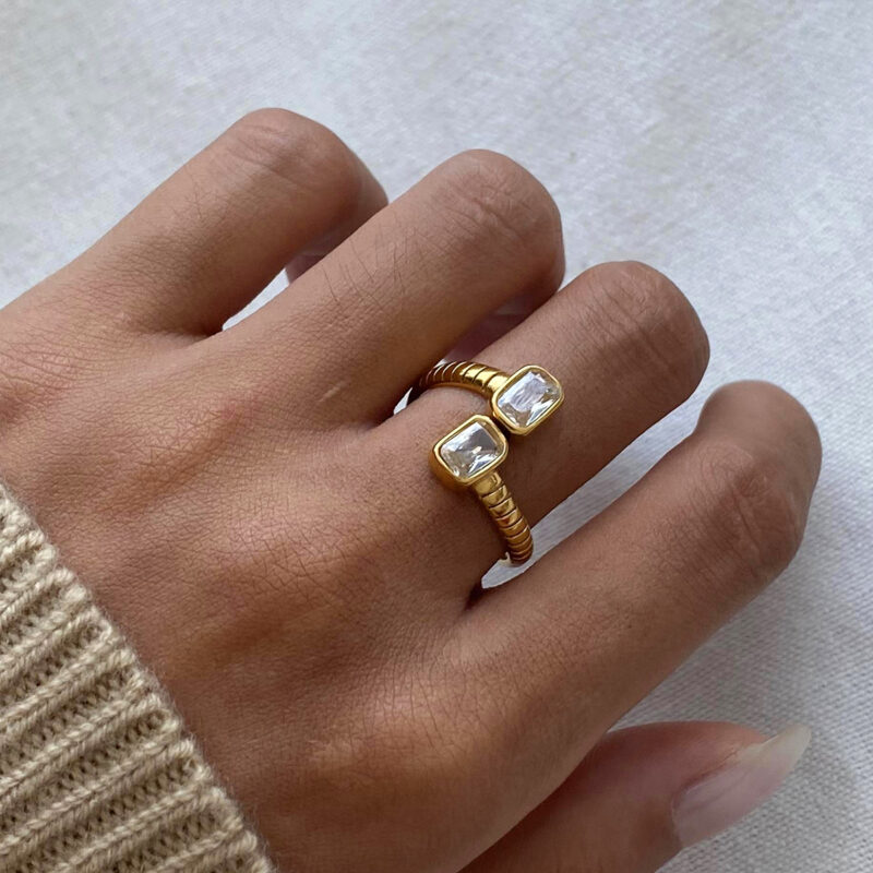 Fashion Luxury 18K Gold Plated Pave Zircon Open Stainless Steel Textured Cubic Zirconia Ring for Women - Image 2
