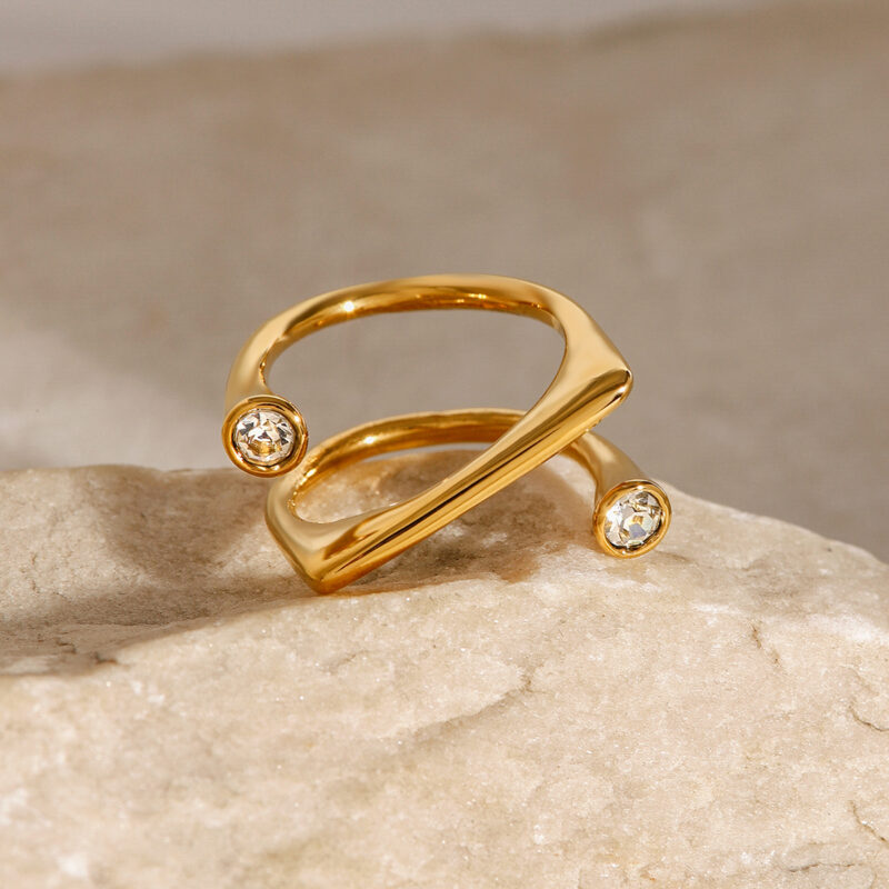 Design Zircon/Three Layers Asymmetrical Square Two White Circular Opening Rings 18K PVD Ring - Image 3