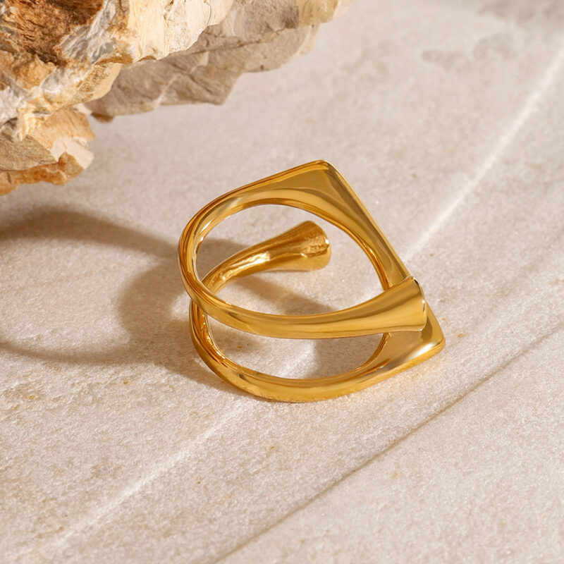 Design Zircon/Three Layers Asymmetrical Square Two White Circular Opening Rings 18K PVD Ring - Image 4