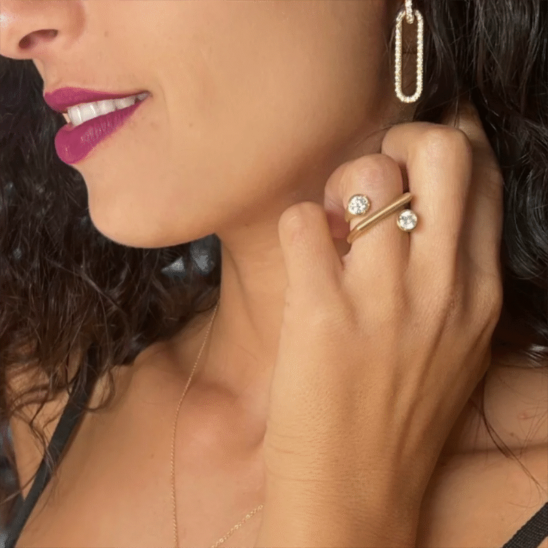 Design Zircon/Three Layers Asymmetrical Square Two White Circular Opening Rings 18K PVD Ring - Image 2