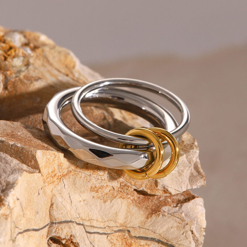Jewelry Asymmetrically Sized Double Split Ring 18K PVD Gold Silver Plated Stainless Steel Clean Fit Ring - Image 4