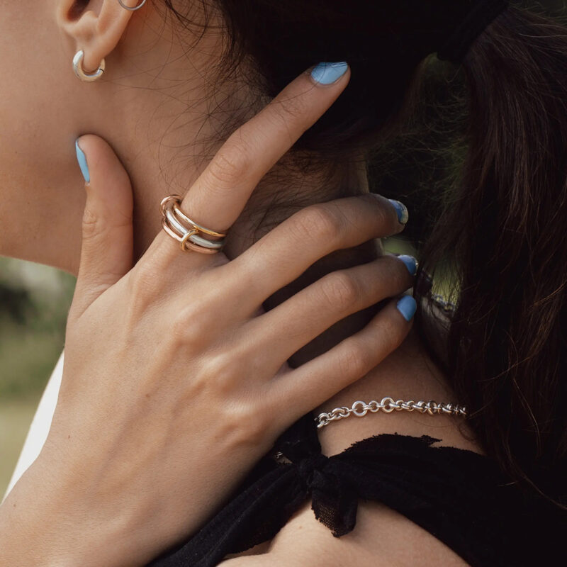 18k Gold Stainless Steel Interlocking Triple Ring Dual-Tone Adjustable Unique Design - Image 2