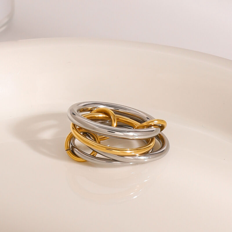 18k Gold Stainless Steel Interlocking Triple Ring Dual-Tone Adjustable Unique Design - Image 5
