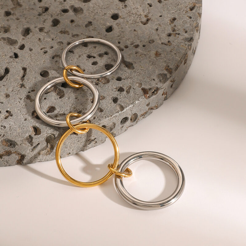 18k Gold Stainless Steel Interlocking Triple Ring Dual-Tone Adjustable Unique Design - Image 4