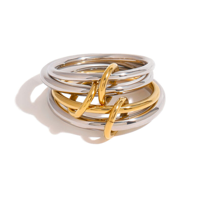 18k Gold Stainless Steel Interlocking Triple Ring Dual-Tone Adjustable Unique Design