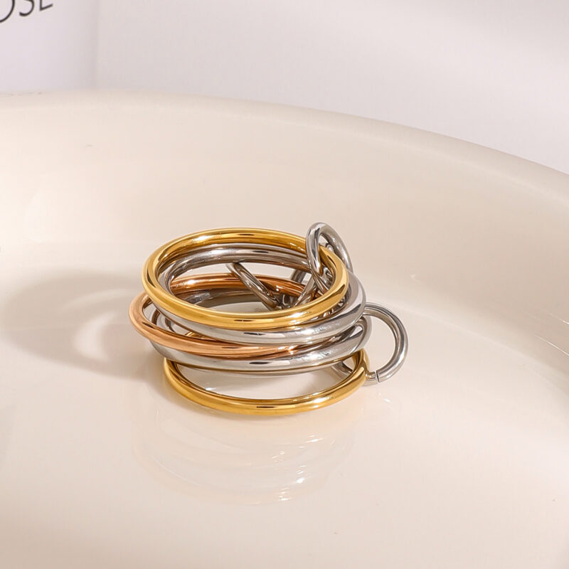 18k Gold Stainless Steel Interlocking Triple Ring Dual-Tone Adjustable Unique Design - Image 4