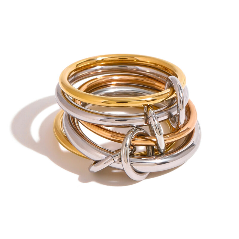 18k Gold Stainless Steel Interlocking Triple Ring Dual-Tone Adjustable Unique Design