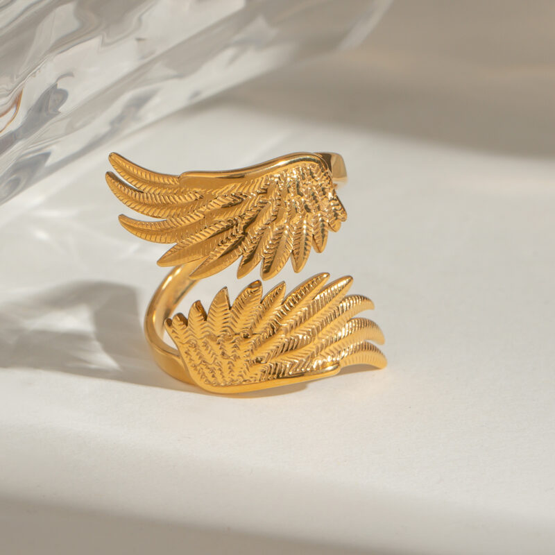 18k Gold Stainless Steel Angel Wing Dove Feather Open Ring Adjustable Vintage Style - Image 5