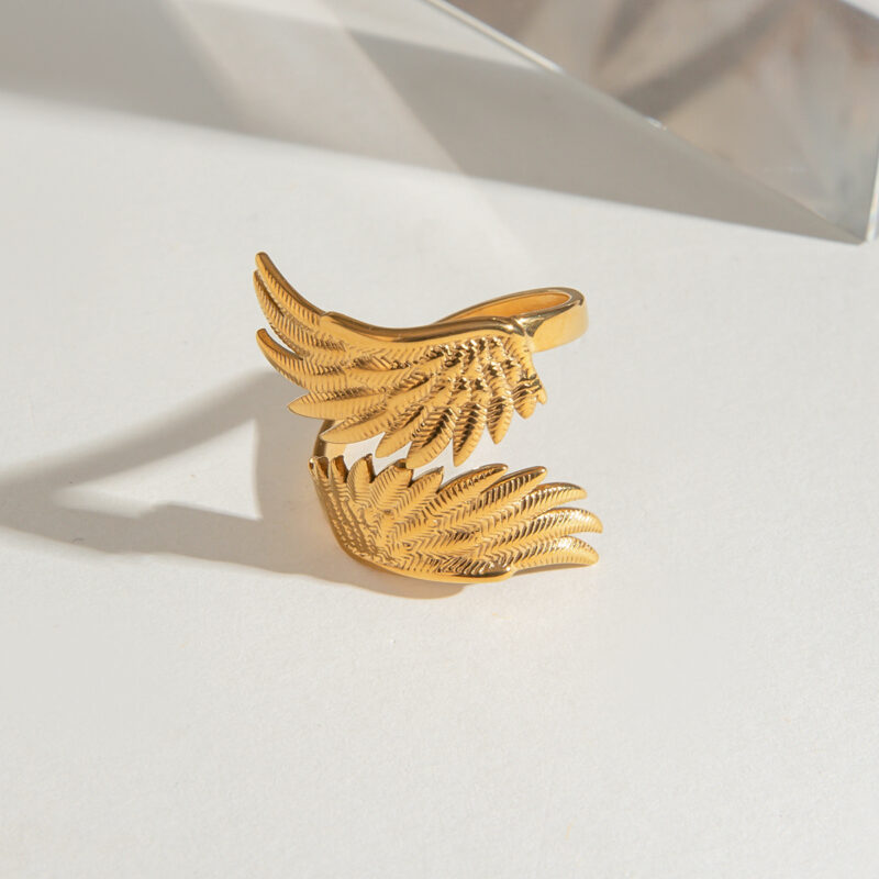 18k Gold Stainless Steel Angel Wing Dove Feather Open Ring Adjustable Vintage Style - Image 4