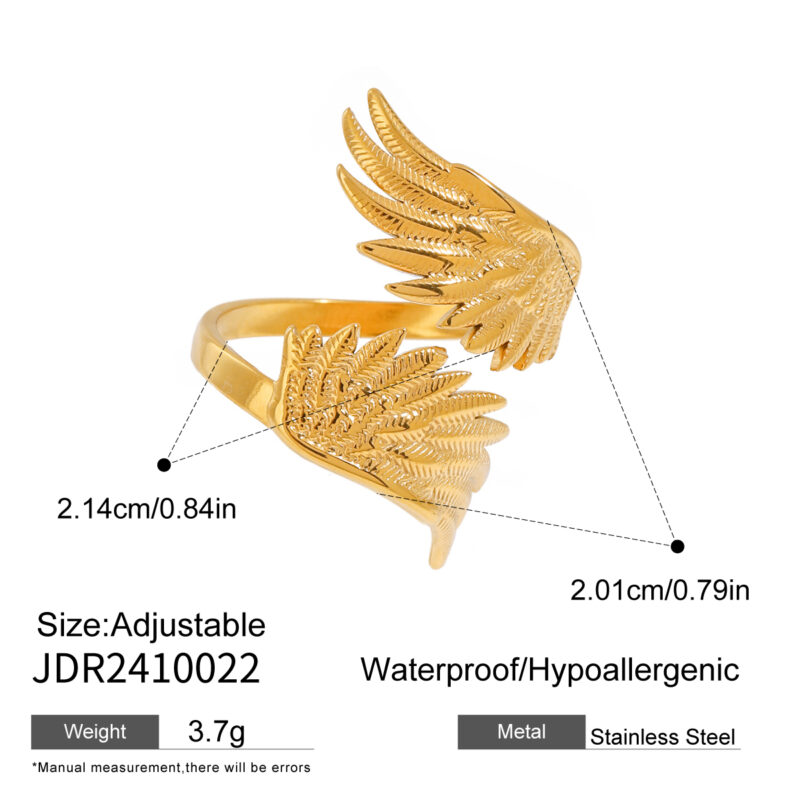 18k Gold Stainless Steel Angel Wing Dove Feather Open Ring Adjustable Vintage Style - Image 6