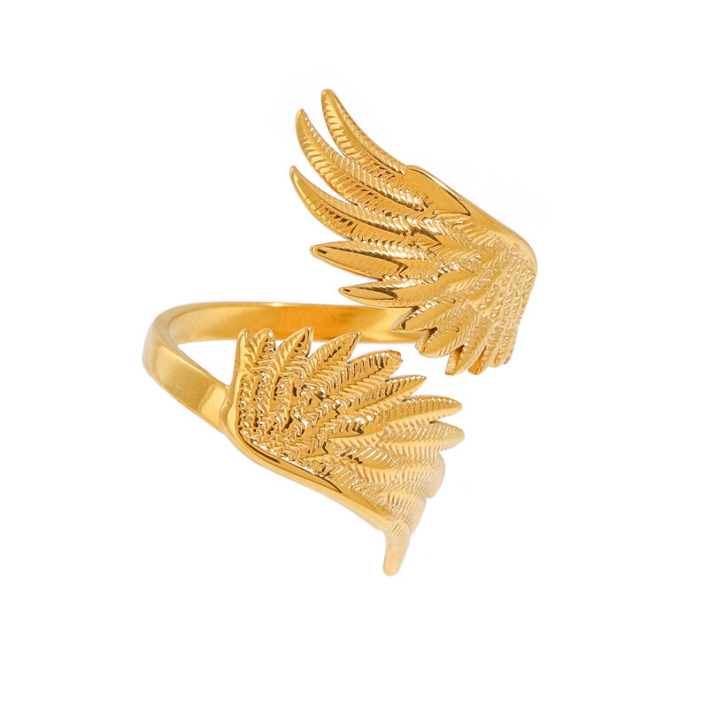18k Gold Stainless Steel Angel Wing Dove Feather Open Ring Adjustable Vintage Style