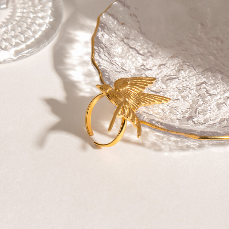 18k Gold Stainless Steel Angel Wing Dove Feather Open Ring Adjustable Vintage Style - Image 5