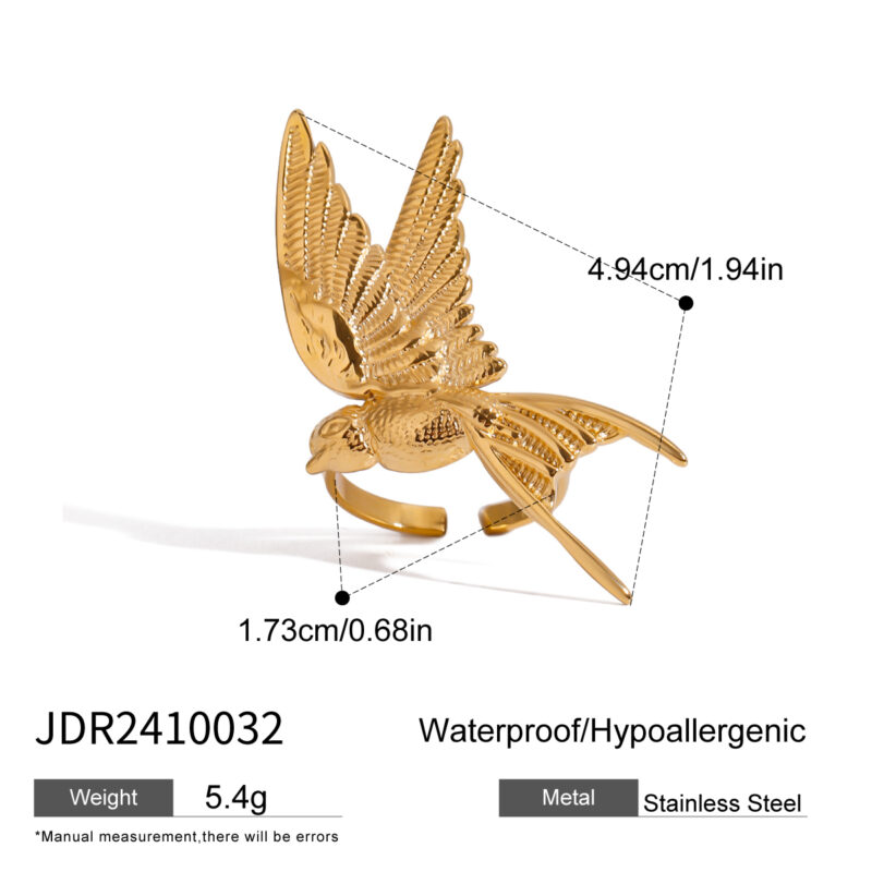 18k Gold Stainless Steel Angel Wing Dove Feather Open Ring Adjustable Vintage Style - Image 6