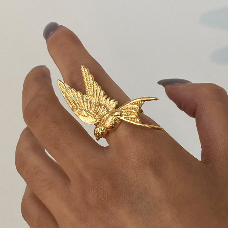 18k Gold Stainless Steel Angel Wing Dove Feather Open Ring Adjustable Vintage Style - Image 4