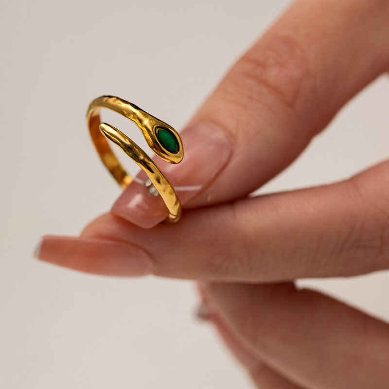 18K Gold Plated Stainless Steel Jewelry Charm Green Natrual Stone Snake Shaped Opening Rings - Image 3