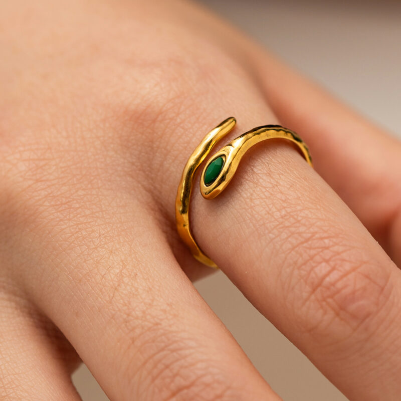 18K Gold Plated Stainless Steel Jewelry Charm Green Natrual Stone Snake Shaped Opening Rings - Image 2