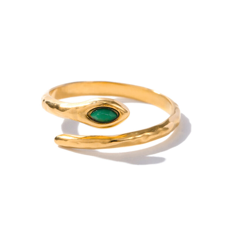 18K Gold Plated Stainless Steel Jewelry Charm Green Natrual Stone Snake Shaped Opening Rings