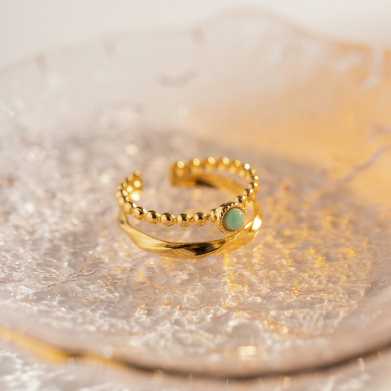 Charm Stainless Steel 18K Gold Plated Opening Ring Gift Natural Stone Double Layer Rings for Women - Image 4