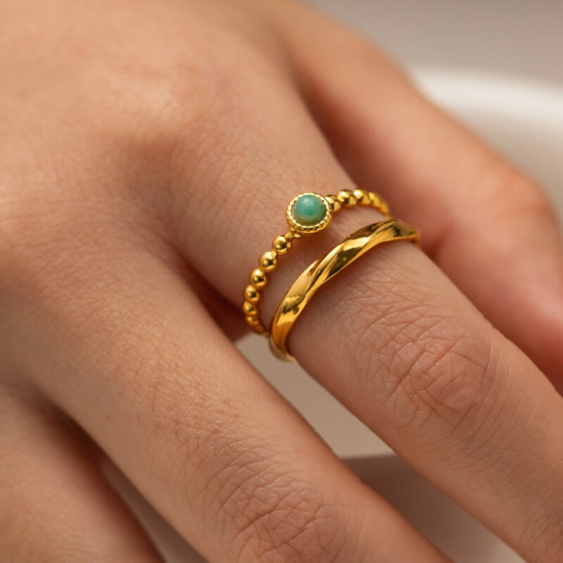 Charm Stainless Steel 18K Gold Plated Opening Ring Gift Natural Stone Double Layer Rings for Women - Image 3