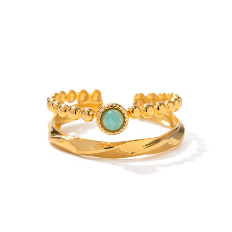 Charm Stainless Steel 18K Gold Plated Opening Ring Gift Natural Stone Double Layer Rings for Women