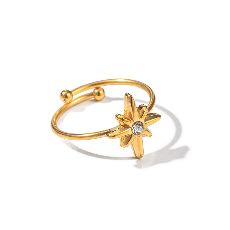 Waterproof 18K Gold-plated Stainless Steel Fashion Jewelry White Zirconia Octagram Rings for Women