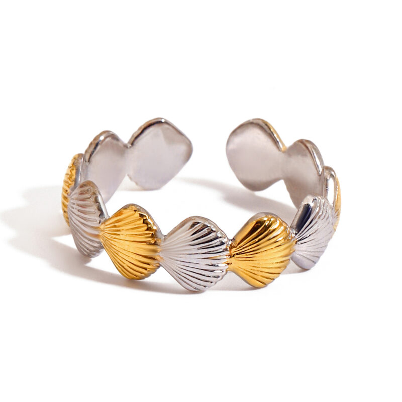 Women Stainless Steel 18K Gold Plated Scallop Shell Chain Rings Adjustable Trendy Holiday Jewelry