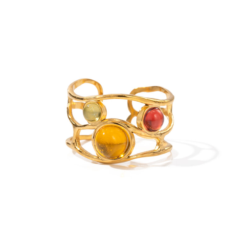 New Arrival 18K Gold Plated Irregular Rings Jewelry Stainless Steel Layer Colorful Resin Open Rings for Girls