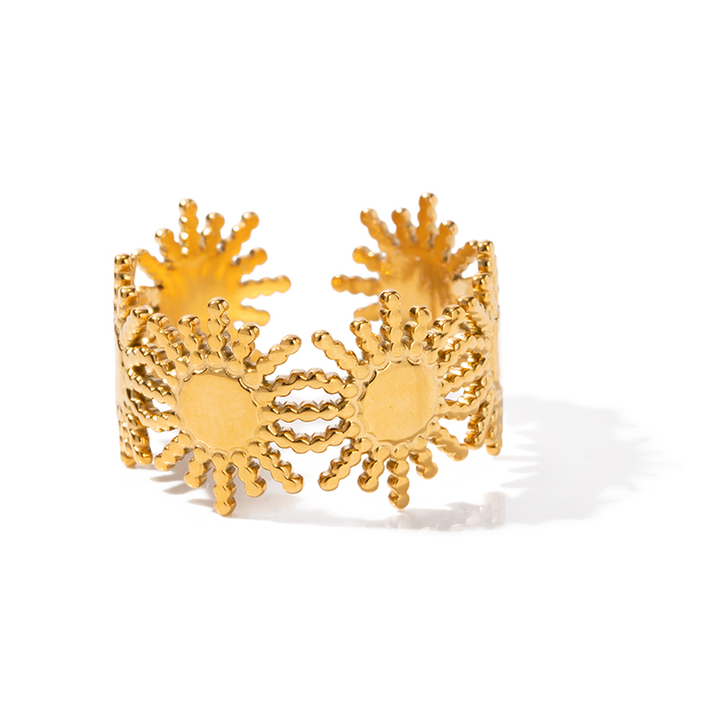 Ins Fashion Sun Shape 18K PVD Gold Plated Stainless Steel Flower Wide Open Adjustable Ring for Women