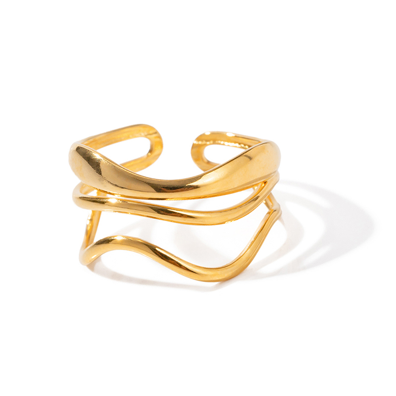 Women's Two Tone Stainless Steel Ring 18K Gold PVD Plated Waterwave Liner Opening Finger Ring Engagement Party Anniversary