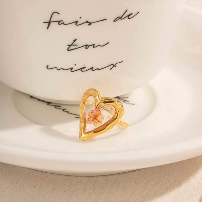 Waterproof Delicate Jewelry 18K Gold Plated Stainless Steel Heart Shape Real Colorful Eternal Plum Flower Ring for Girls - Image 4