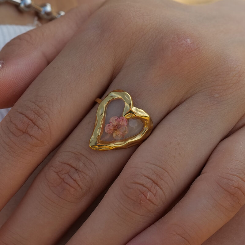Waterproof Delicate Jewelry 18K Gold Plated Stainless Steel Heart Shape Real Colorful Eternal Plum Flower Ring for Girls - Image 2