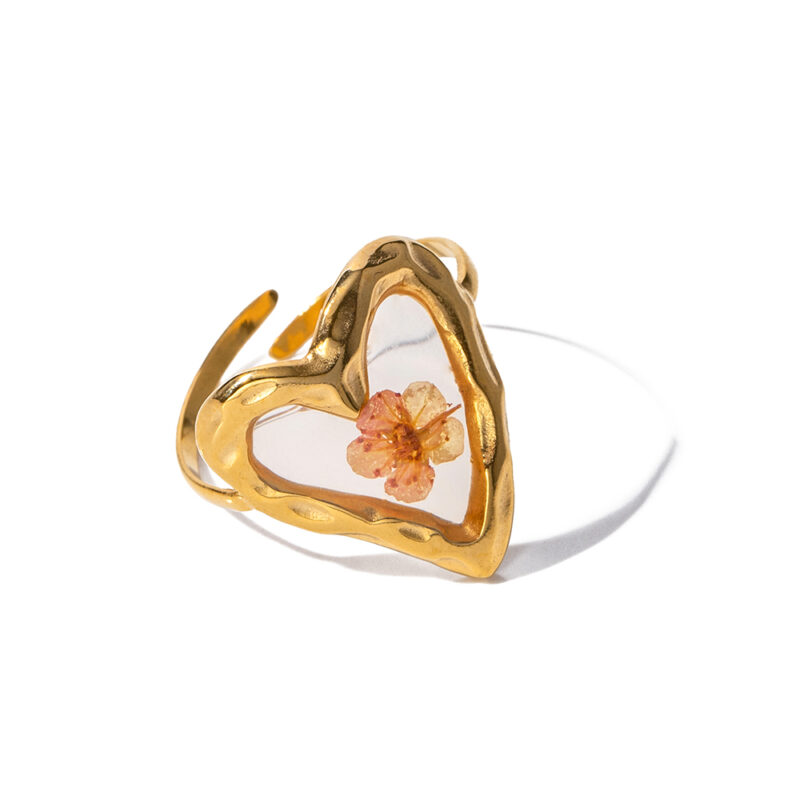 Waterproof Delicate Jewelry 18K Gold Plated Stainless Steel Heart Shape Real Colorful Eternal Plum Flower Ring for Girls
