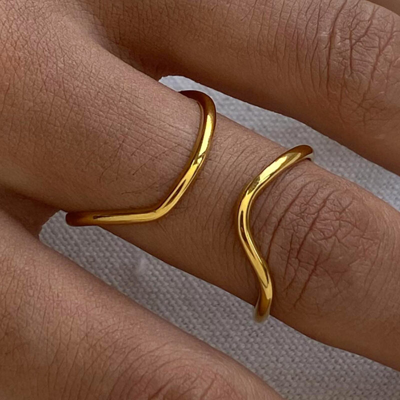 Simple 18K Gold Plated Rings Jewelry Women Stainless Steel Adjustable Corrugated Line Open Rings - Image 3