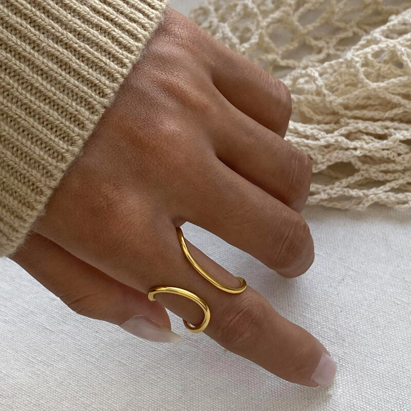 Simple 18K Gold Plated Rings Jewelry Women Stainless Steel Adjustable Corrugated Line Open Rings - Image 2