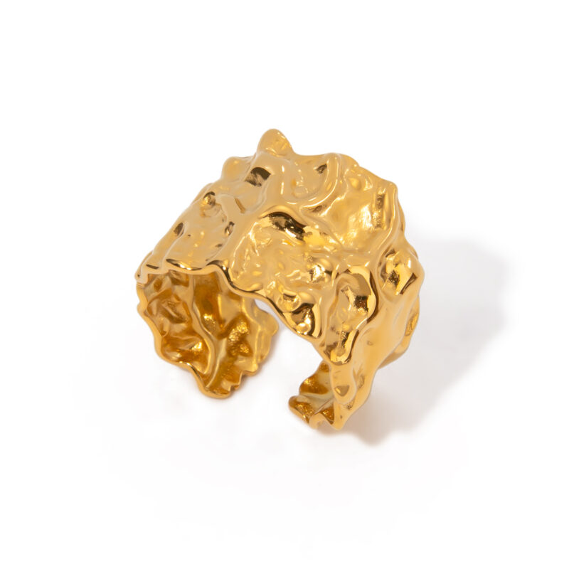 18K Gold Plated Stainless Steel Hammered Wide Band Open Ring