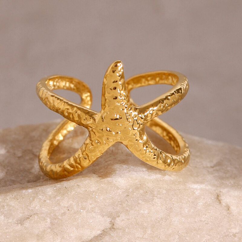 Jewelry Waterproof Stainless Steel Star Ring 18K PVD Gold Plated Gift for Girl Finger Ring Texture Starfish Open Ring - Image 3