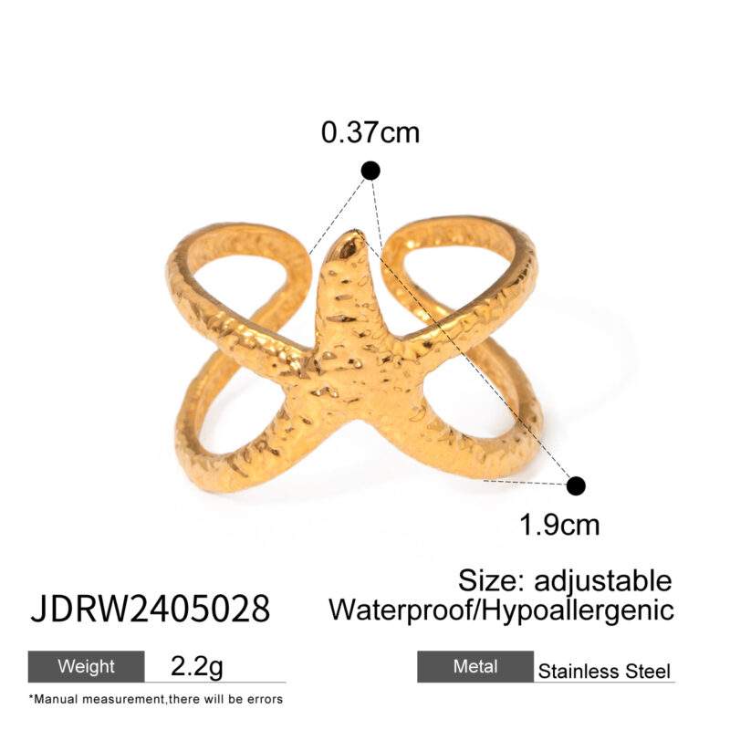 Jewelry Waterproof Stainless Steel Star Ring 18K PVD Gold Plated Gift for Girl Finger Ring Texture Starfish Open Ring - Image 4