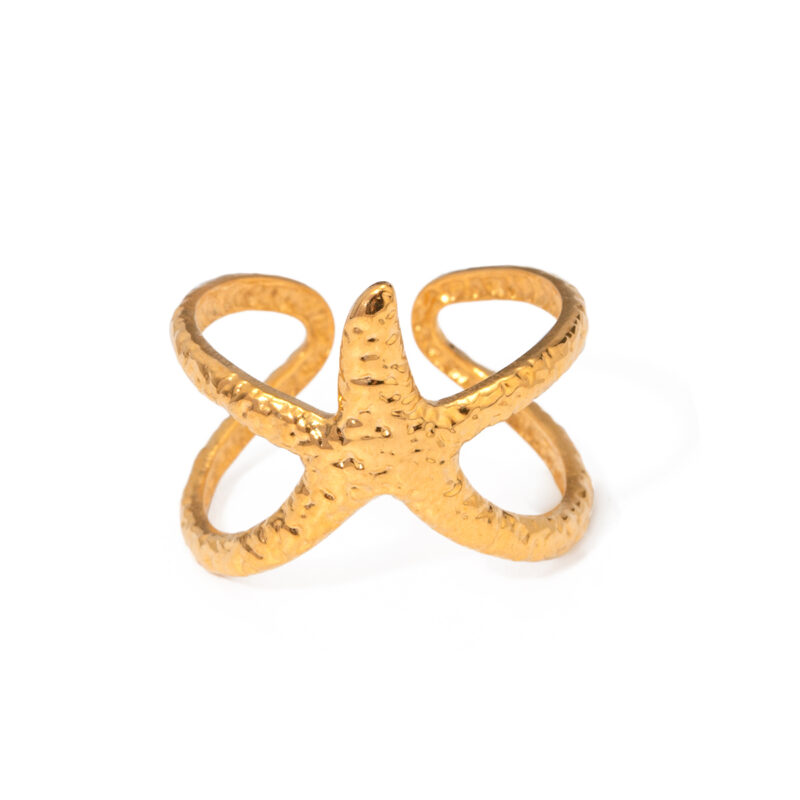 Jewelry Waterproof Stainless Steel Star Ring 18K PVD Gold Plated Gift for Girl Finger Ring Texture Starfish Open Ring