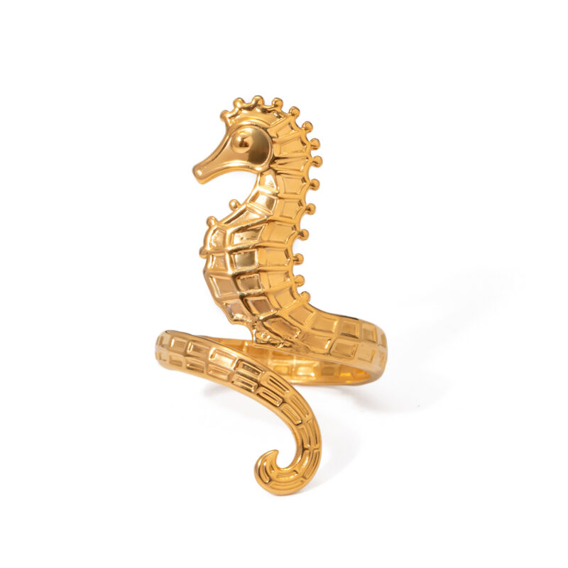 18k Gold Stainless Steel Seahorse Open Ring Adjustable Trendy