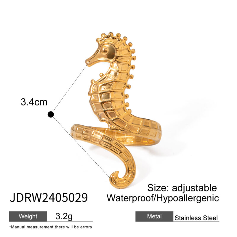 18k Gold Stainless Steel Seahorse Open Ring Adjustable Trendy - Image 2