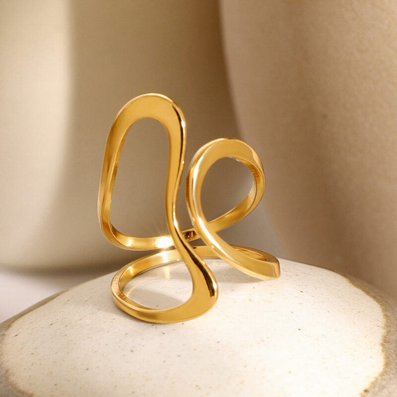 18k Gold Stainless Steel Polished Line Abstract Open Ring Modern Jewelry - Image 3