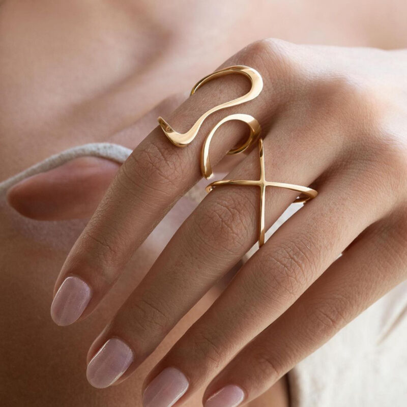 18k Gold Stainless Steel Polished Line Abstract Open Ring Modern Jewelry - Image 2