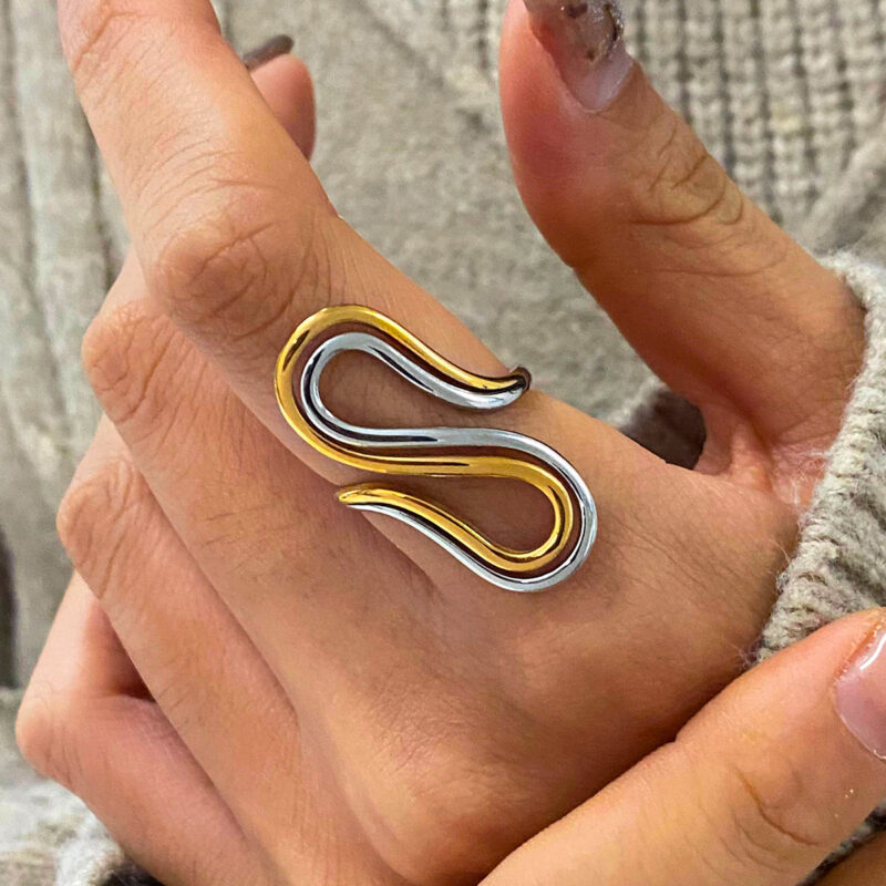 18k Gold Stainless Steel Polished Line Abstract Open Ring Modern Jewelry - Image 4