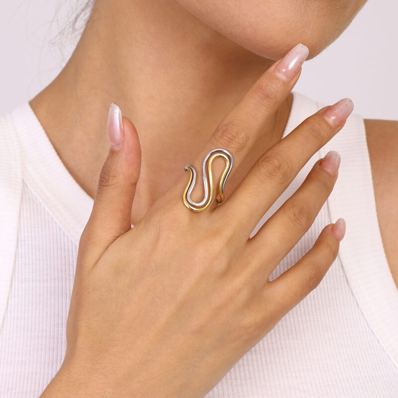 18k Gold Stainless Steel Polished Line Abstract Open Ring Modern Jewelry - Image 3